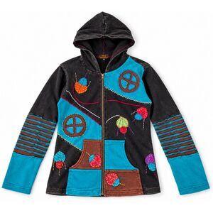Rising International Women's M Patchwork Hooded Jacket Boho Appliqué Black Teal